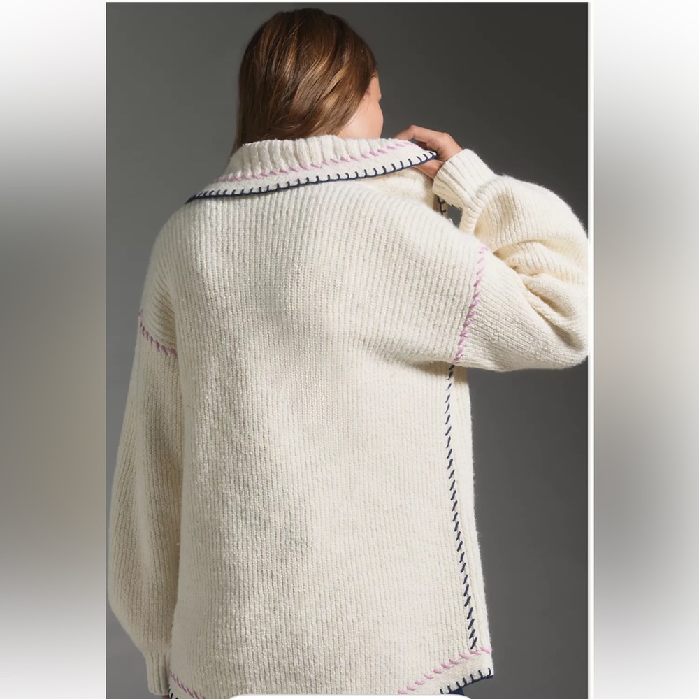 Anthropologie Maeve Collared Whipstitch Open Cardigan Sweater Pockets Ivory - Picture 2 of 6